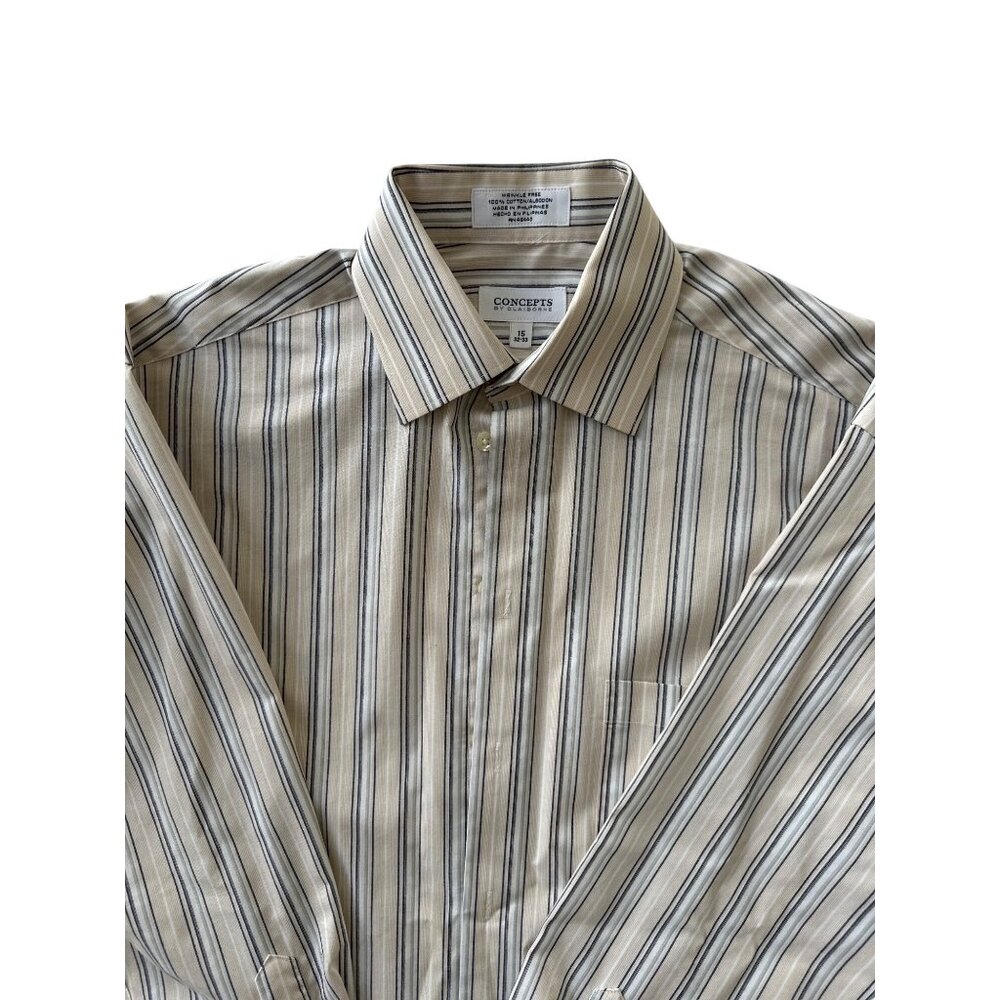 Concepts By Claiborne Beige Stripe Wrinkle-Free 100% Cotton Mens Dress Shirt 15